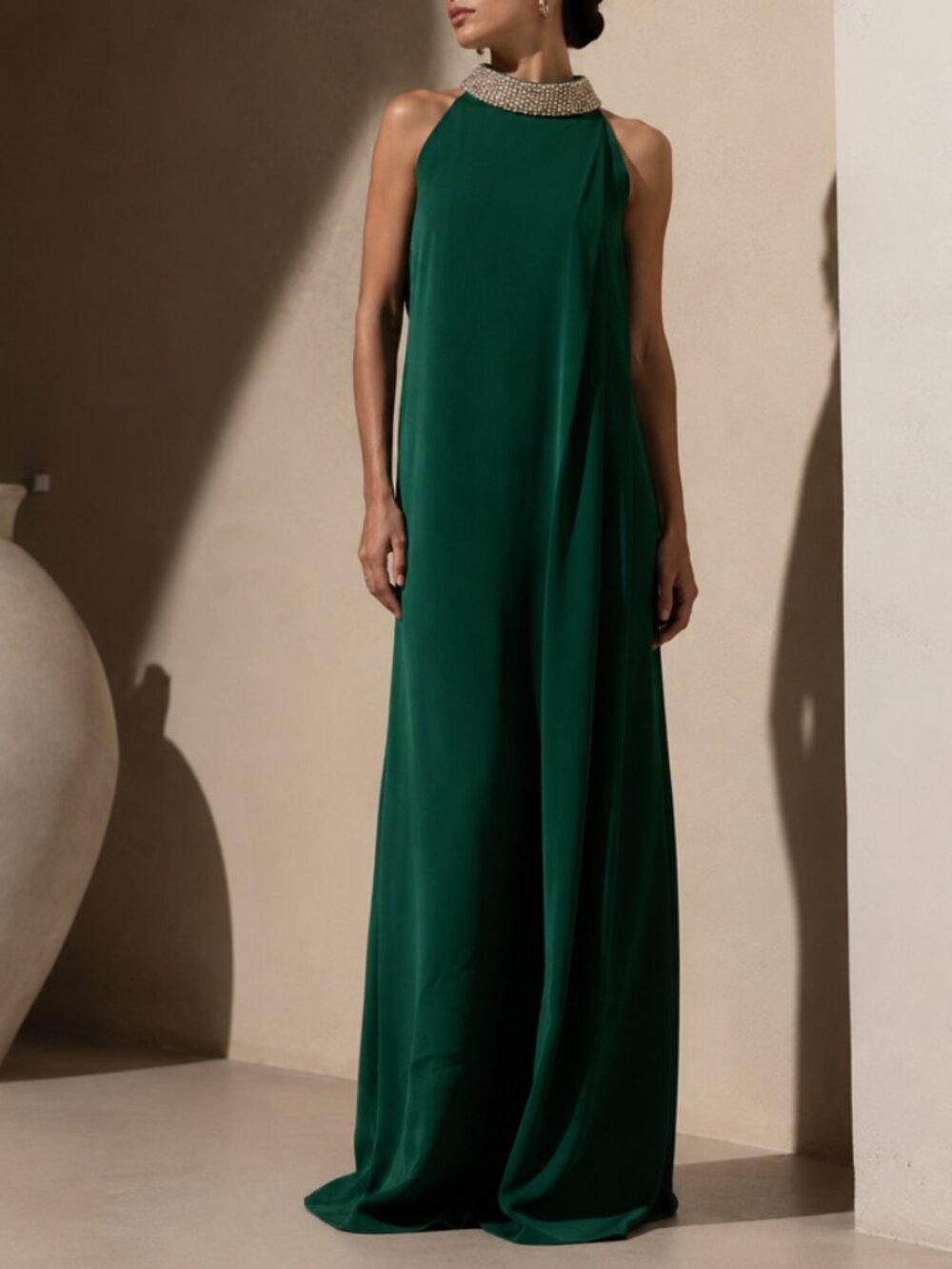 RAOUL Green Silk Embellished High Neck Column Gown Size 6